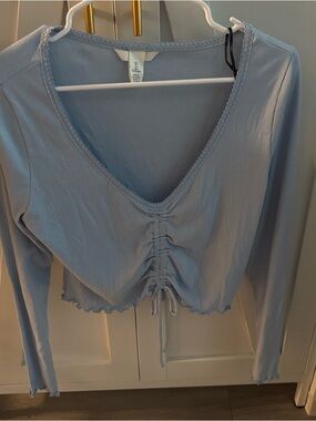 H&M Light Blue Ruched V-Neck Long Sleeve Top